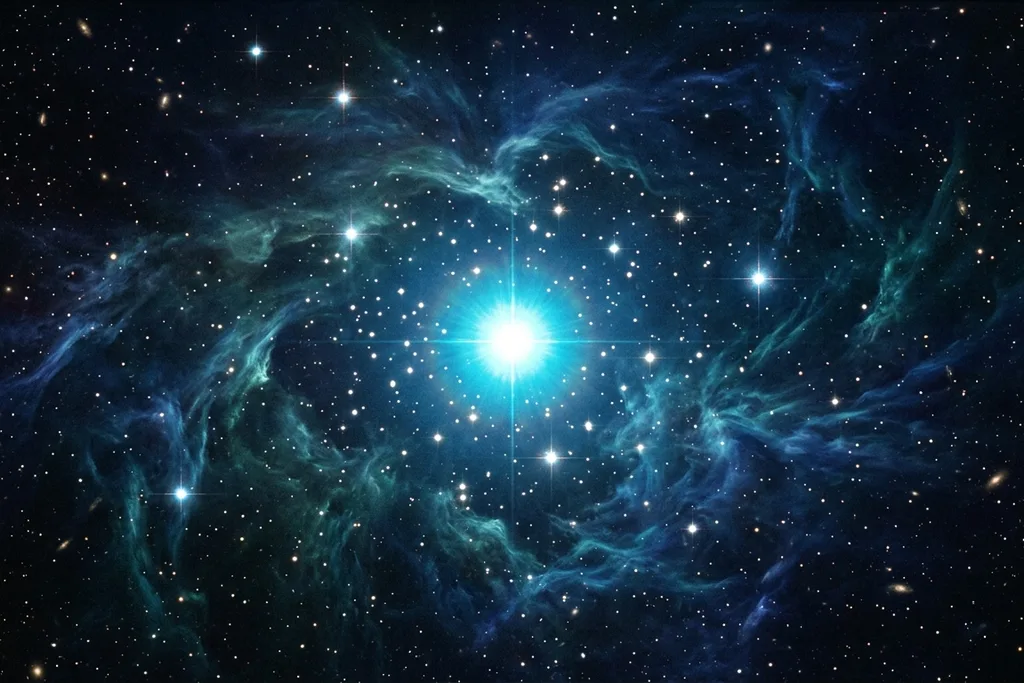 Star cluster nebula with bright central star surrounded by dimmer stars representing entity brand prominence