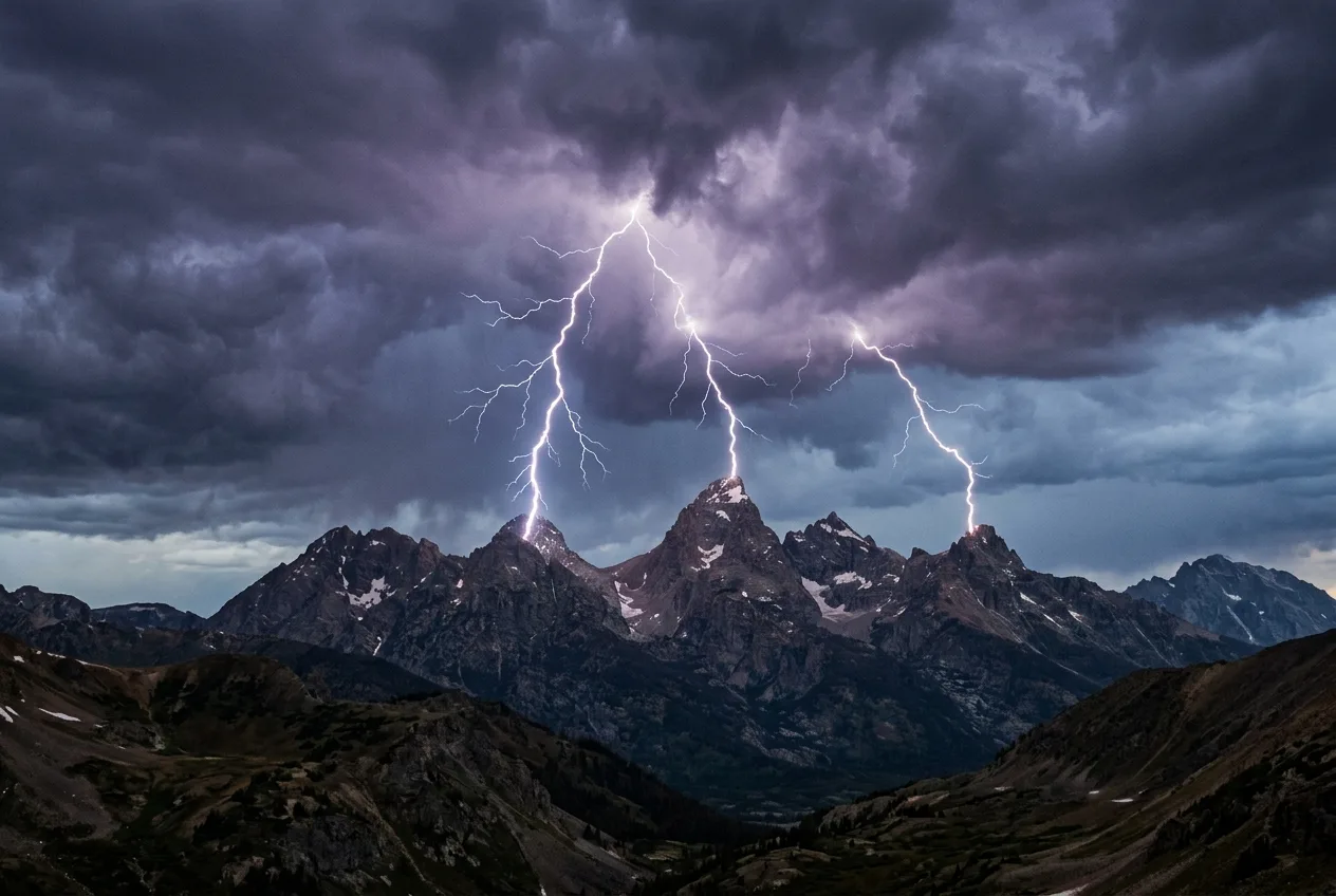 Split lightning striking three mountain peaks — multi-model AI search optimization strategy
