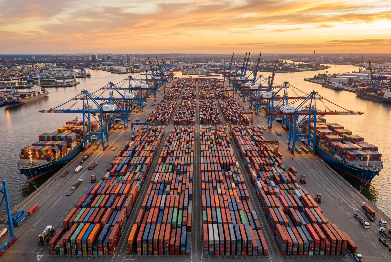 AEO for E-Commerce: The Complete Implementation Guide Aerial view of an enormous container shipping port at golden hour with orderly rows of colorful containers stretching toward the horizon representing structured commerce systems and organized data architecture
