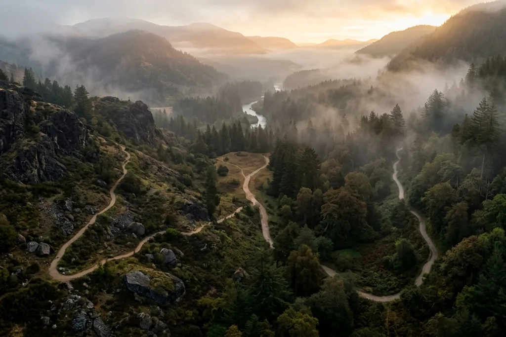 Two winding forest paths converging into one trail representing search engine optimization was always about answering