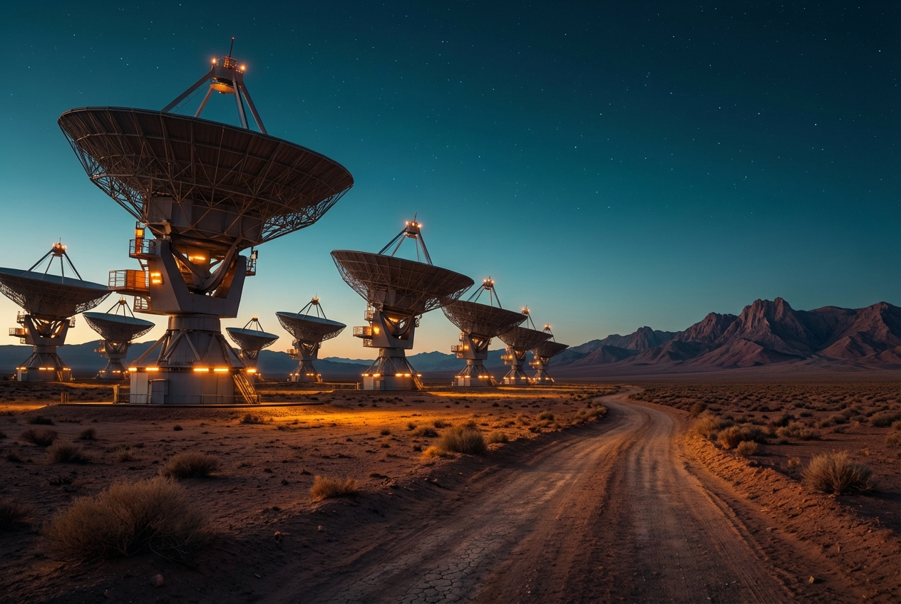 How to Build a Competitive Disruption Radar for Your Industry Massive radio telescope array at twilight against deep teal sky with warm amber instrument lights in desert landscape representing competitive disruption signal detection and early warning systems