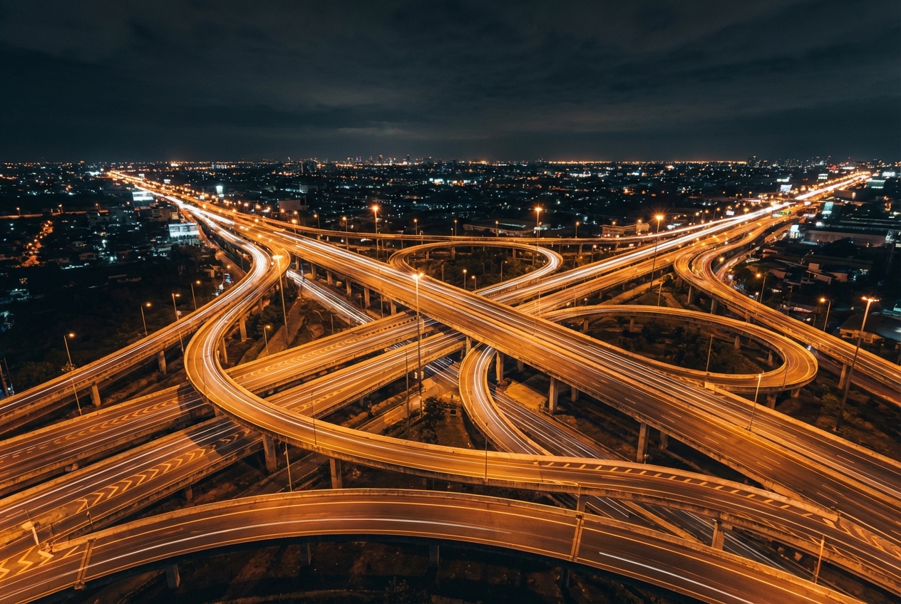 How to Build a Disruption Scenario Planning Framework Aerial photograph of a complex highway interchange at night with multiple road paths diverging and converging representing disruption scenario planning and strategic pathway analysis