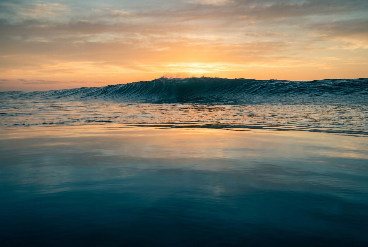 How Do You Identify Market Disruption Before Your Competitors? Aerial photograph of a vast ocean surface at dawn with a single massive wave forming in the distance while the foreground water is still calm and glassy representing the early detection of market disruption before competitors