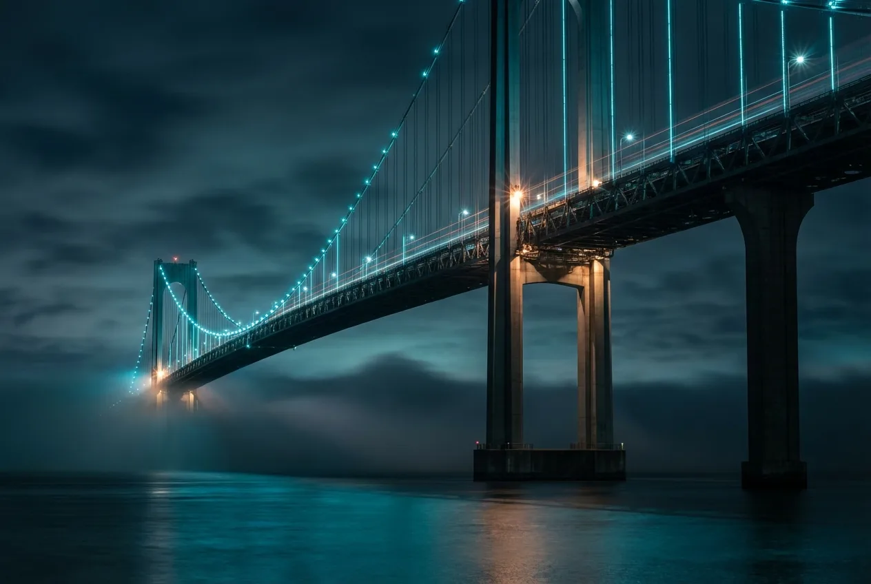 Aerial photograph of a vast suspension bridge at night with structural inspection lights illuminating cable tension points and support columns representing value chain vulnerability analysis