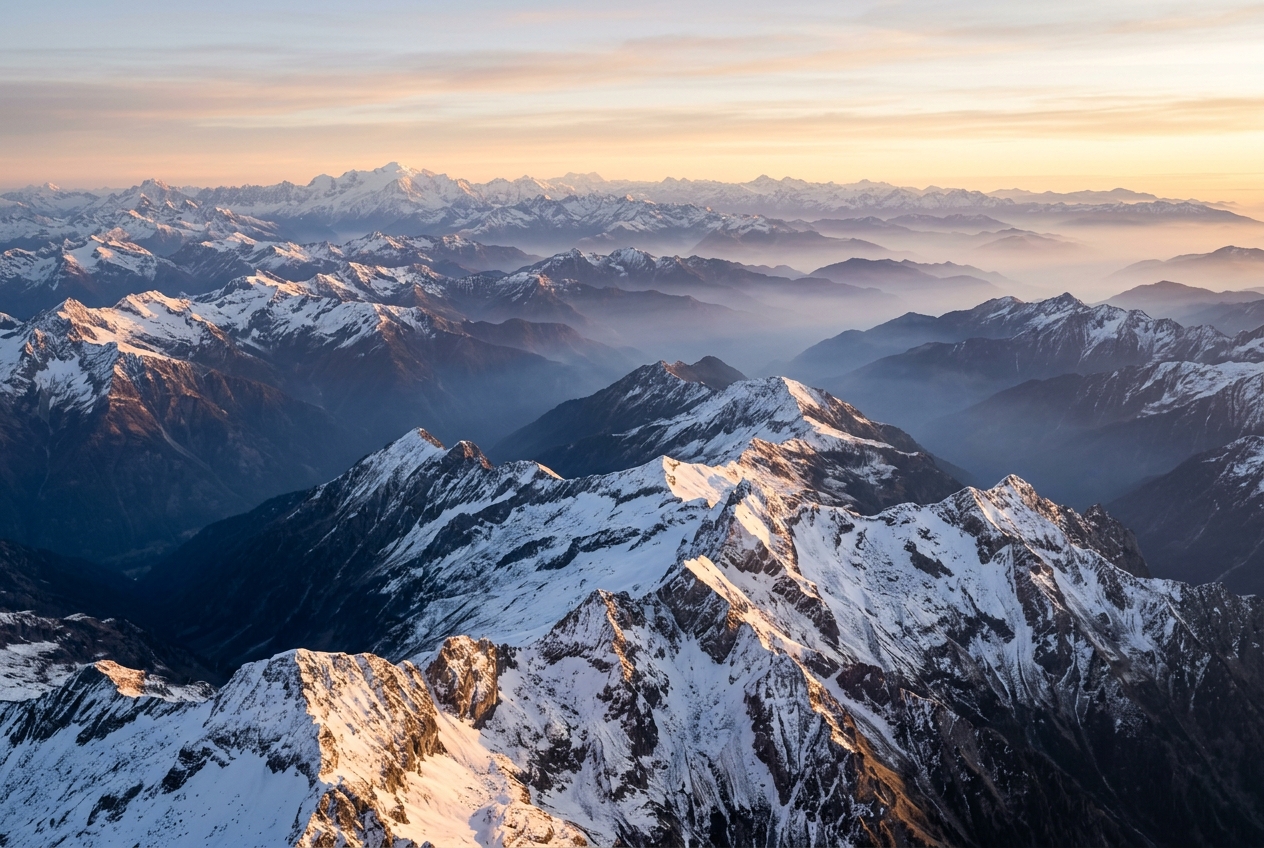 Advanced Performance Auditing: Core Web Vitals Beyond the Basics Aerial view of a vast mountain range at dawn with layers of peaks fading into morning mist and golden sunlight illuminating snow-covered ridgelines representing layered performance analysis depth