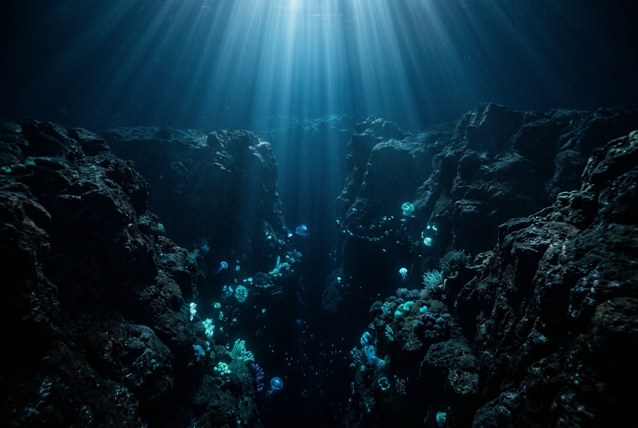 Advanced Security Auditing: Protecting Your Website from Invisible Vulnerabilities Deep ocean trench with shafts of sunlight filtering through dark blue water layers and bioluminescent organisms glowing in the depths representing hidden security vulnerabilities beneath the visible surface of a website