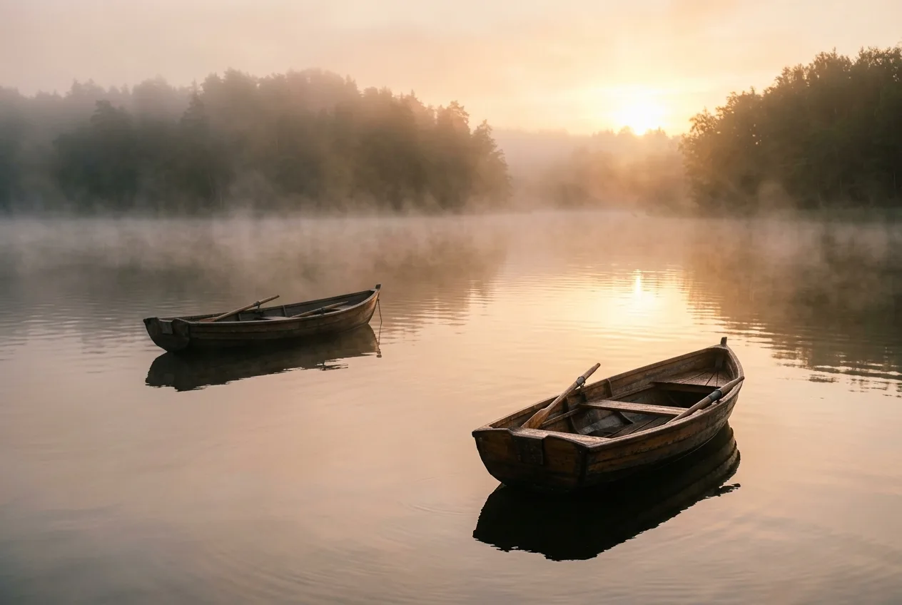 Two rowing boats on a calm lake at dawn heading in slightly different directions with mist rising from the still water representing divergent strategic paths