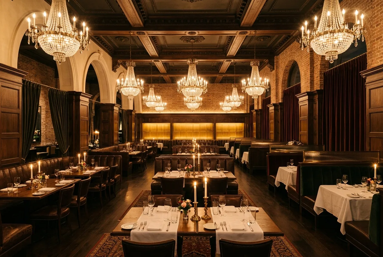 AEO for Restaurants: Local Schema, Menu Markup, and Voice Search Grand high-ceiling restaurant dining room with crystal chandeliers, leather booths, dark wood paneling, exposed brick walls, and candlelit tables set with white tablecloths for AI search optimization