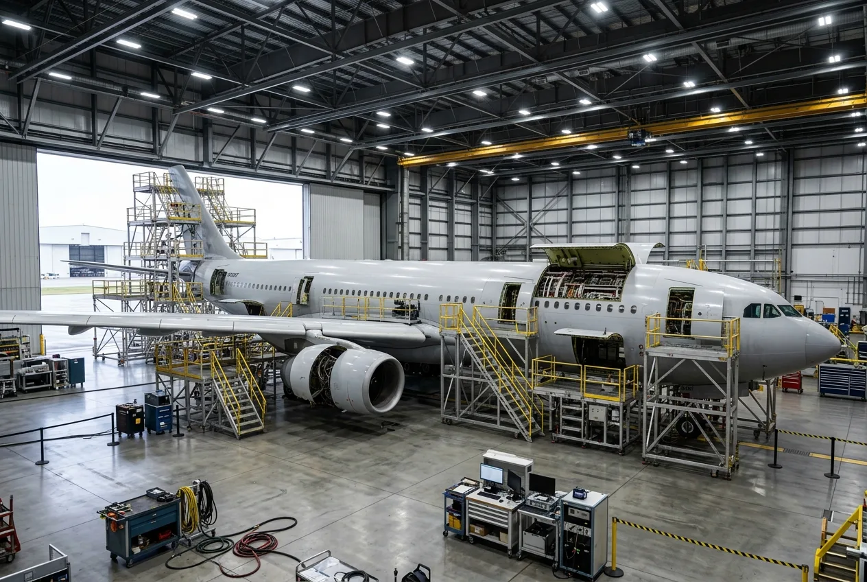Commercial aircraft in maintenance hangar with open diagnostic panels and inspection scaffolding — audit website AI