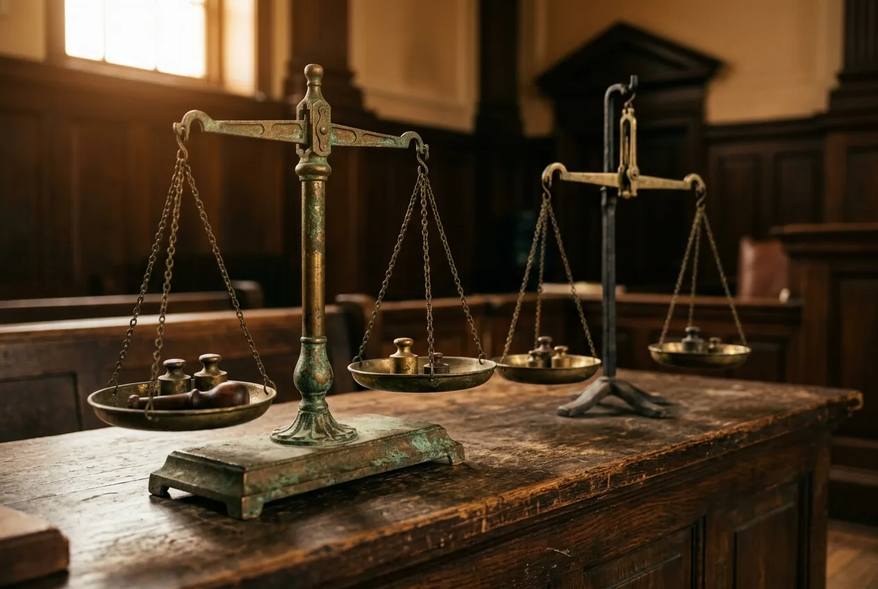 Two antique brass balance scales with aged patina sitting on a weathered wooden judge bench in warm amber side lighting representing AI search conflict resolution between competing sources