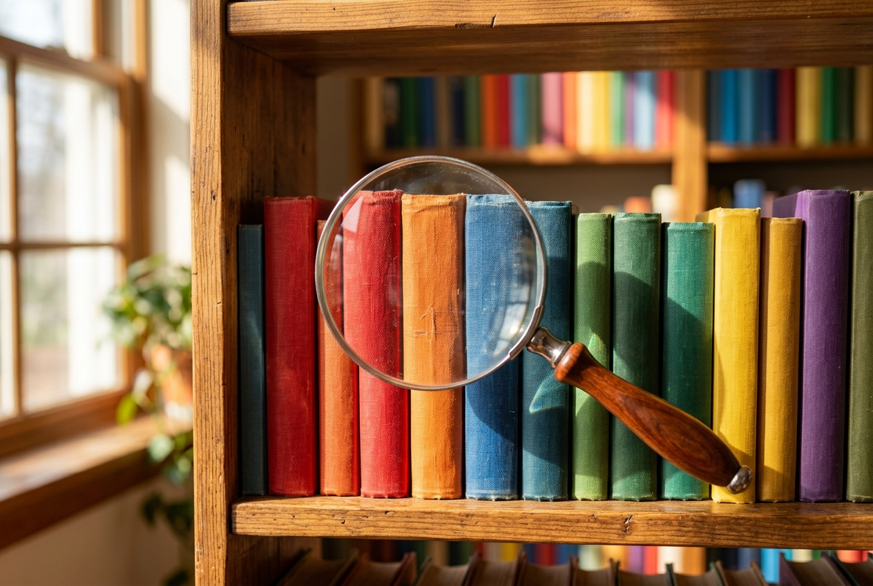 How Do AI Search Engines Decide Which Sources to Show First? Magnifying glass hovering over a row of colorful books on a bright wooden shelf with warm sunlight streaming through representing how AI search engines select sources