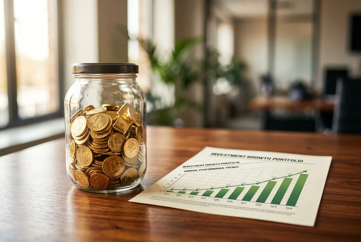 Crystal clear glass jar filled with gold coins sitting on a polished desk next to a growth chart printout representing AI search optimization investment returns