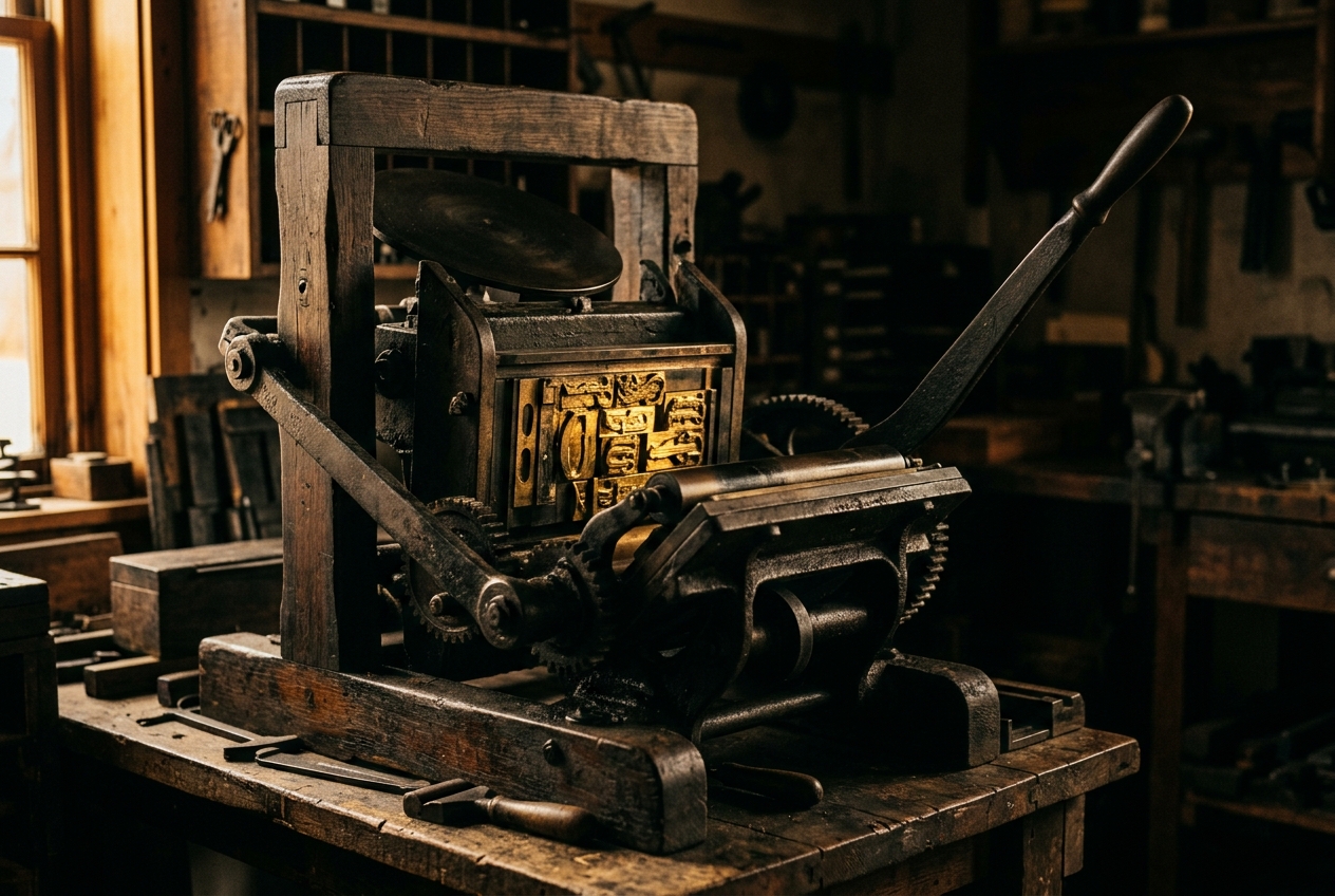 Will AI Search Engines Make Traditional Content Marketing Obsolete? Weathered vintage printing press with brass type blocks and aged wooden frame in dramatic warm amber side lighting representing the question of whether traditional content marketing survives AI search