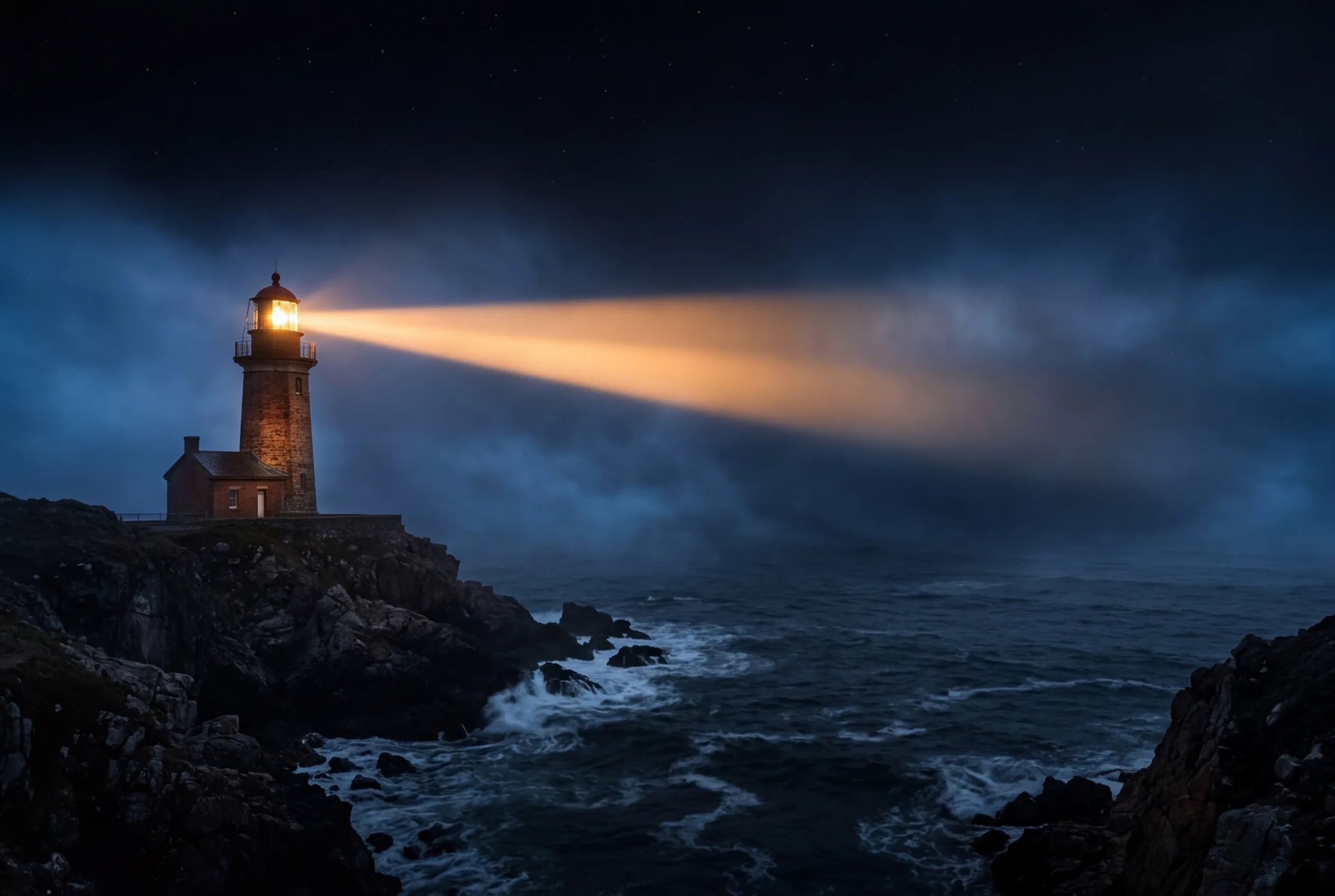A lighthouse beam cutting through dense fog over a dark ocean at night representing website visibility in AI search