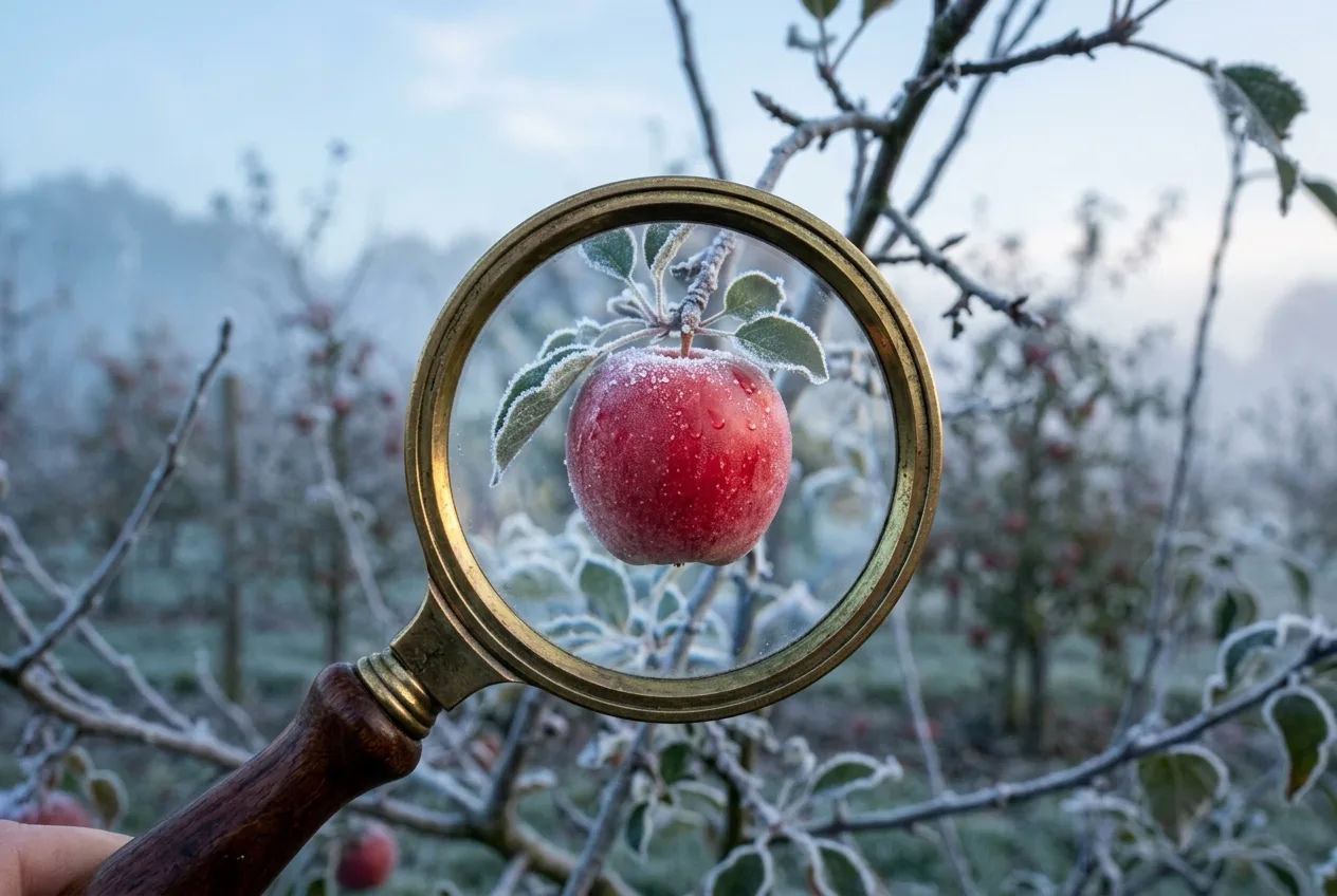 Red apple on frost-covered branch viewed through brass magnifying glass — Apple Intelligence search and Safari AI