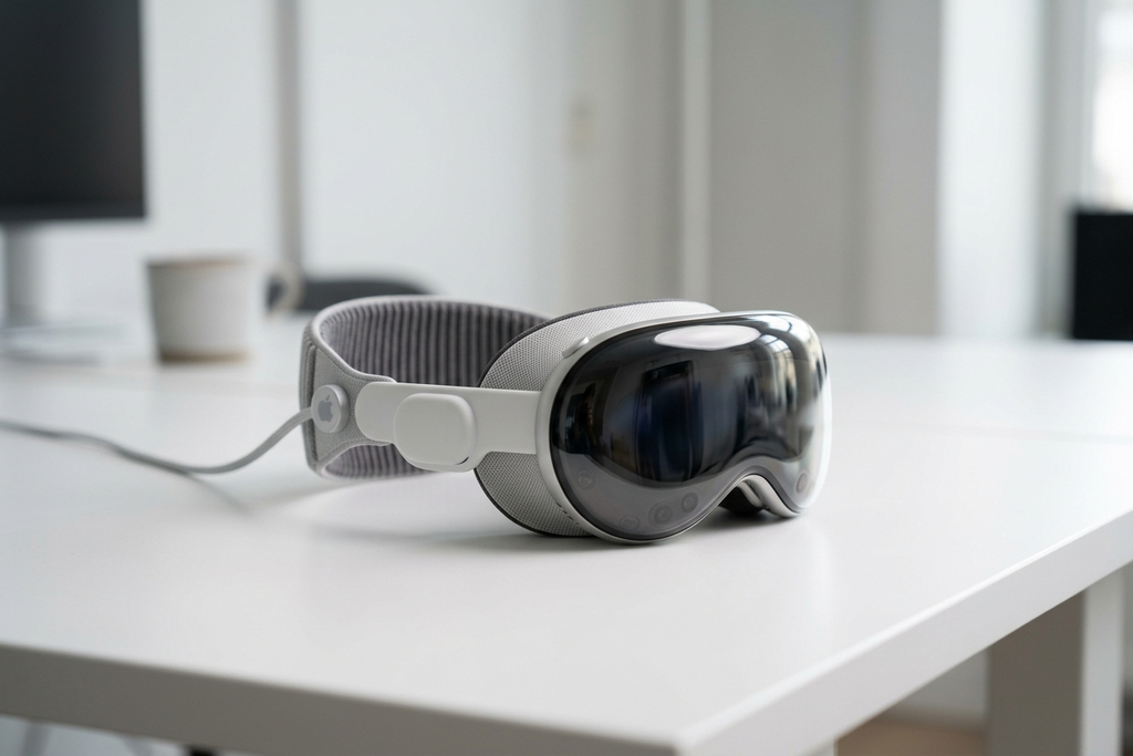 How Is Apple Vision Pro Accelerating Demand for 3D Web Content? Apple Vision Pro headset on minimalist desk representing the acceleration of demand for immersive 3D web content and spatial computing experiences