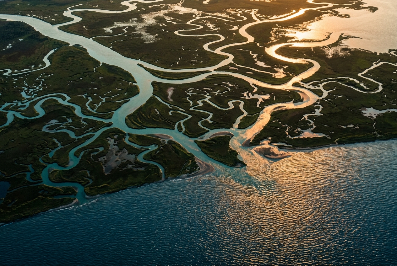 How to Audit Your Website’s Internal Linking for Maximum AI Visibility Aerial view of a vast river delta with branching turquoise waterways flowing through dark green marshland into the ocean at golden hour representing link equity pathways distributing authority across a website