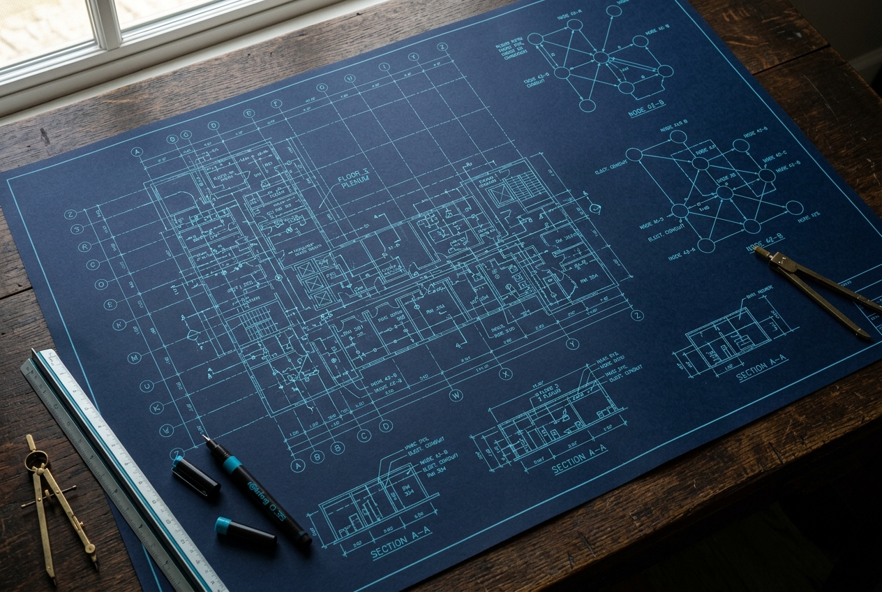 How to Audit Your Website’s Structured Data for AI Readiness Architectural blueprint with interconnected node diagrams and geometric grid lines drawn in cyan ink on dark navy paper representing structured data schema connections across a website