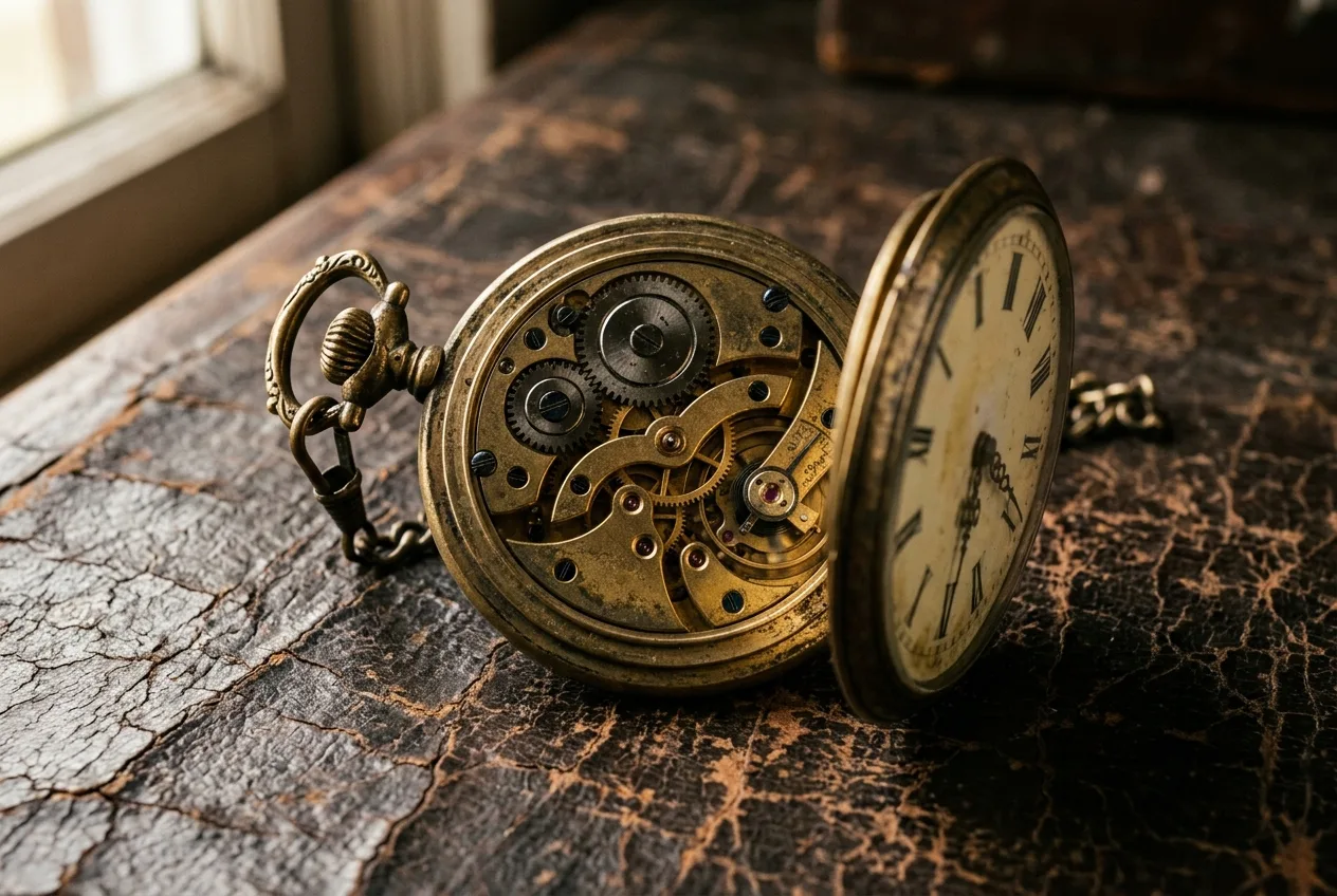 Weathered antique pocket watch with exposed brass gears lying on cracked aged leather surface in warm directional lighting representing the cost of outdated AI search optimization strategies