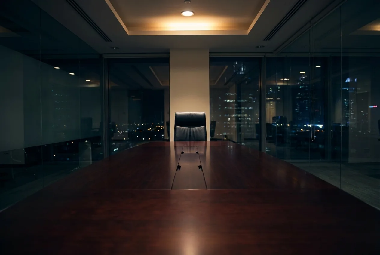 Empty executive leather chair at the head of a long dark polished boardroom table with glass walls reflecting city lights at night representing centralized disruption decision-making