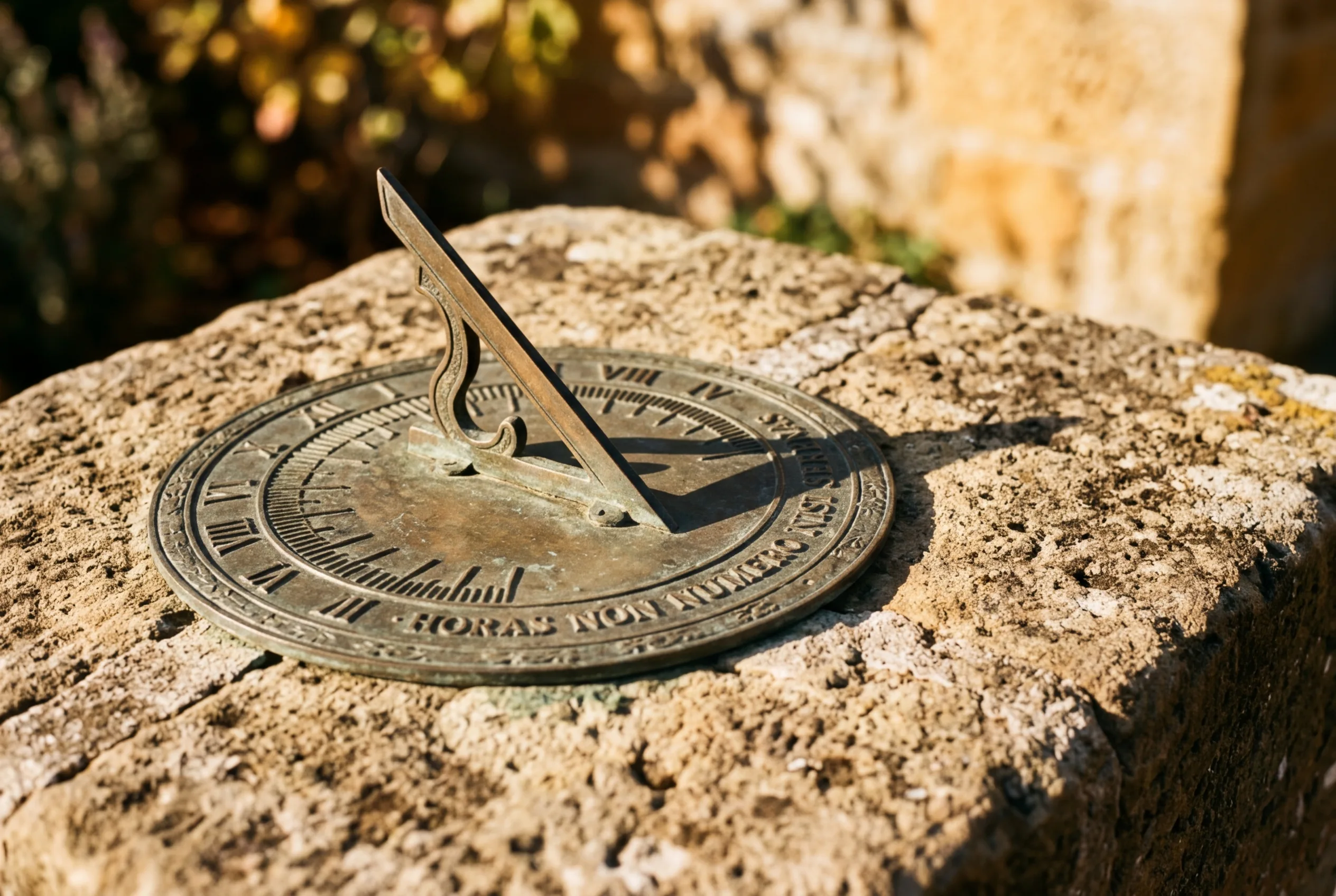 A sundial casting a precise shadow on a stone surface in warm afternoon light representing the timing and sequence of strategic brand decisions