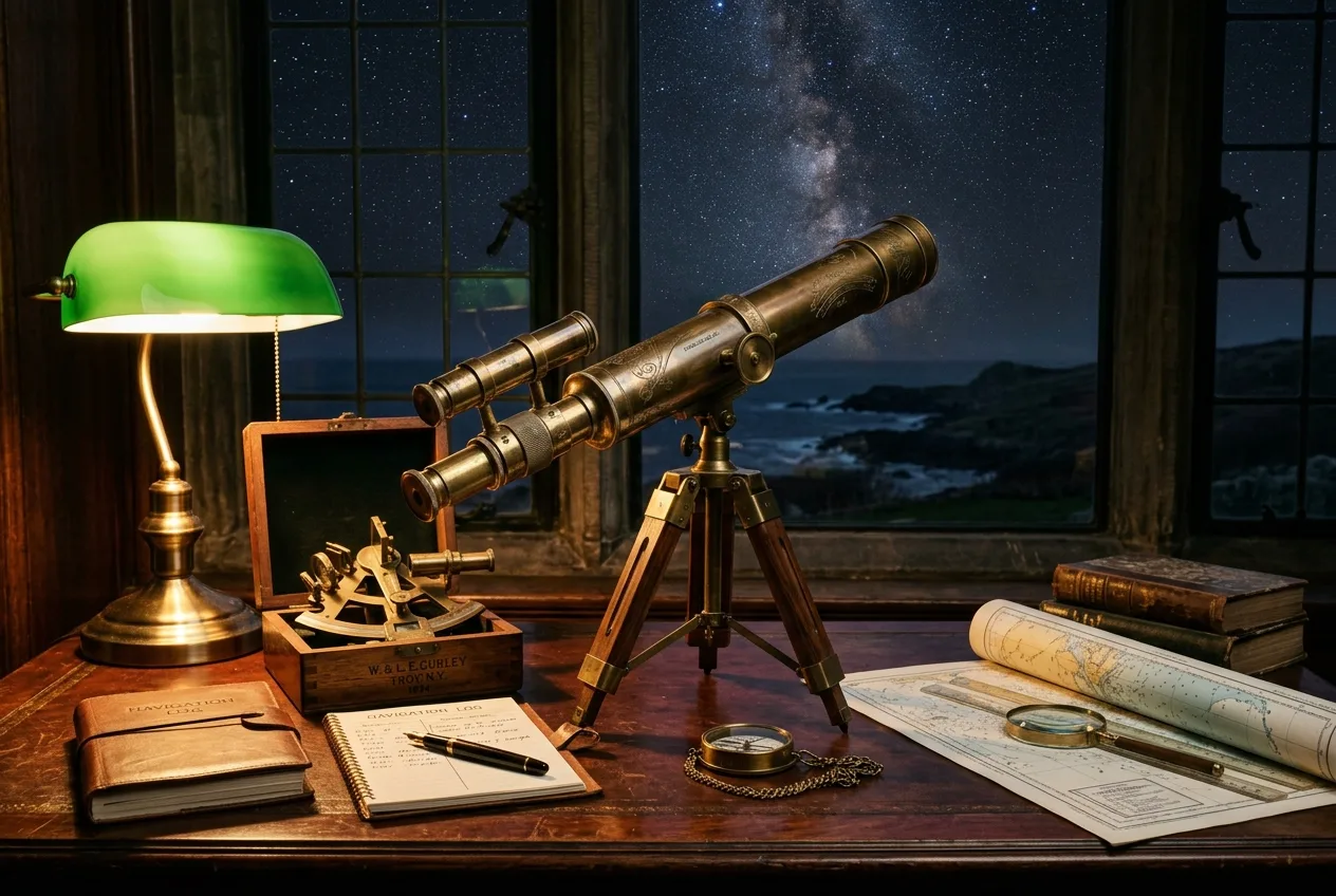 Antique brass telescope on dark mahogany desk pointing toward stars representing the business case for immersive 3D web experiences and the strategic vision required for WebGL investment