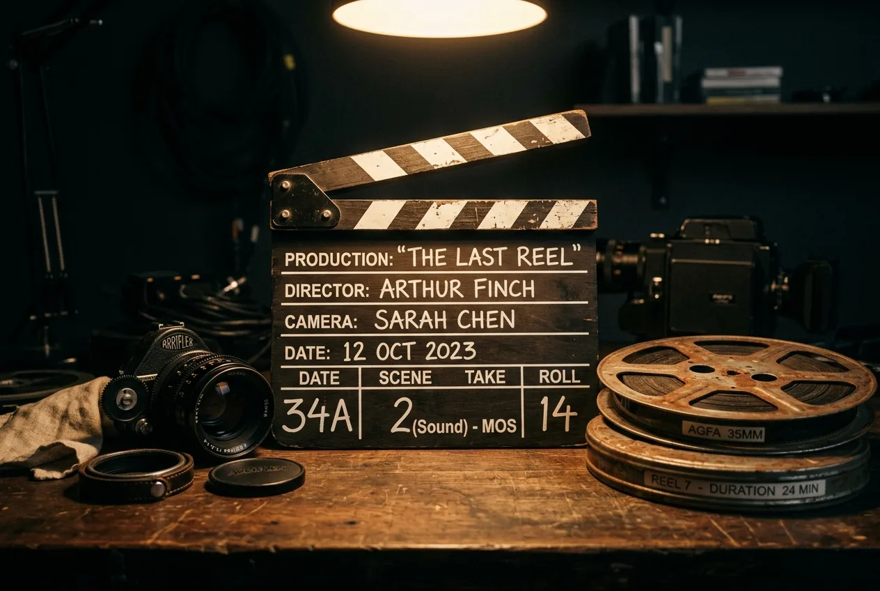 Film director clapperboard and vintage film reels on dark surface with warm spotlight representing camera animation systems that power cinematic scroll-driven 3D web experiences