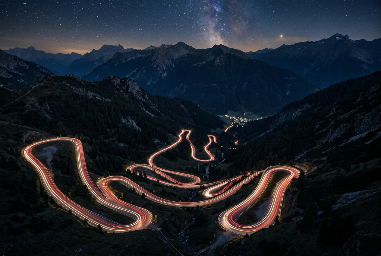 What Are Camera Spline Paths and How Do They Work in 3D Web Design Long exposure photograph of car headlight trails curving through a dark mountain road representing camera spline paths that define scroll-driven navigation trajectories in immersive 3D web design