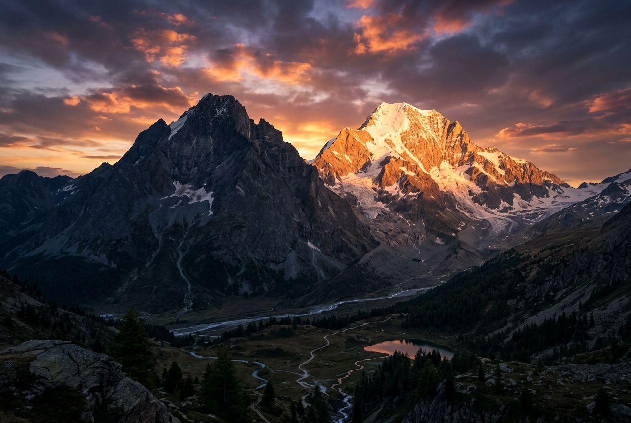 What Does Chrome WebGPU Support Mean for Browser 3D? Two mountain peaks at sunset with dramatic lighting contrast representing how Chrome WebGPU support transforms the future of immersive browser 3D rendering