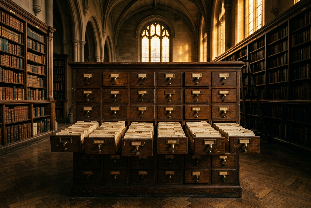 What Is a Content Audit and Why Does Every Website Need One? Wooden card catalog filing cabinet with open drawers showing organized index cards in a grand library with golden light streaming through tall arched windows representing systematic content inventory and auditing