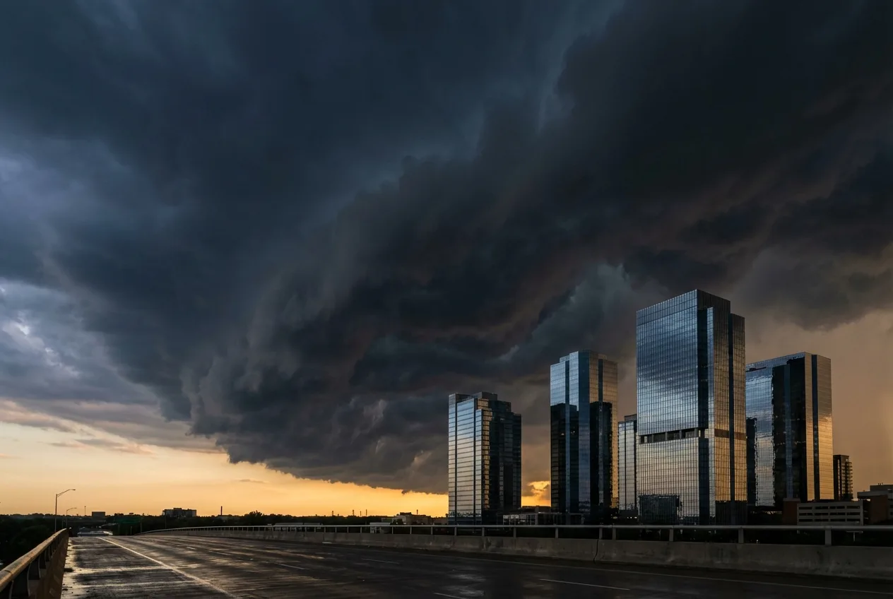 Dark thunderstorm front approaching glass corporate skyscrapers with golden light representing the 73 percent failure rate of corporate disruption initiatives