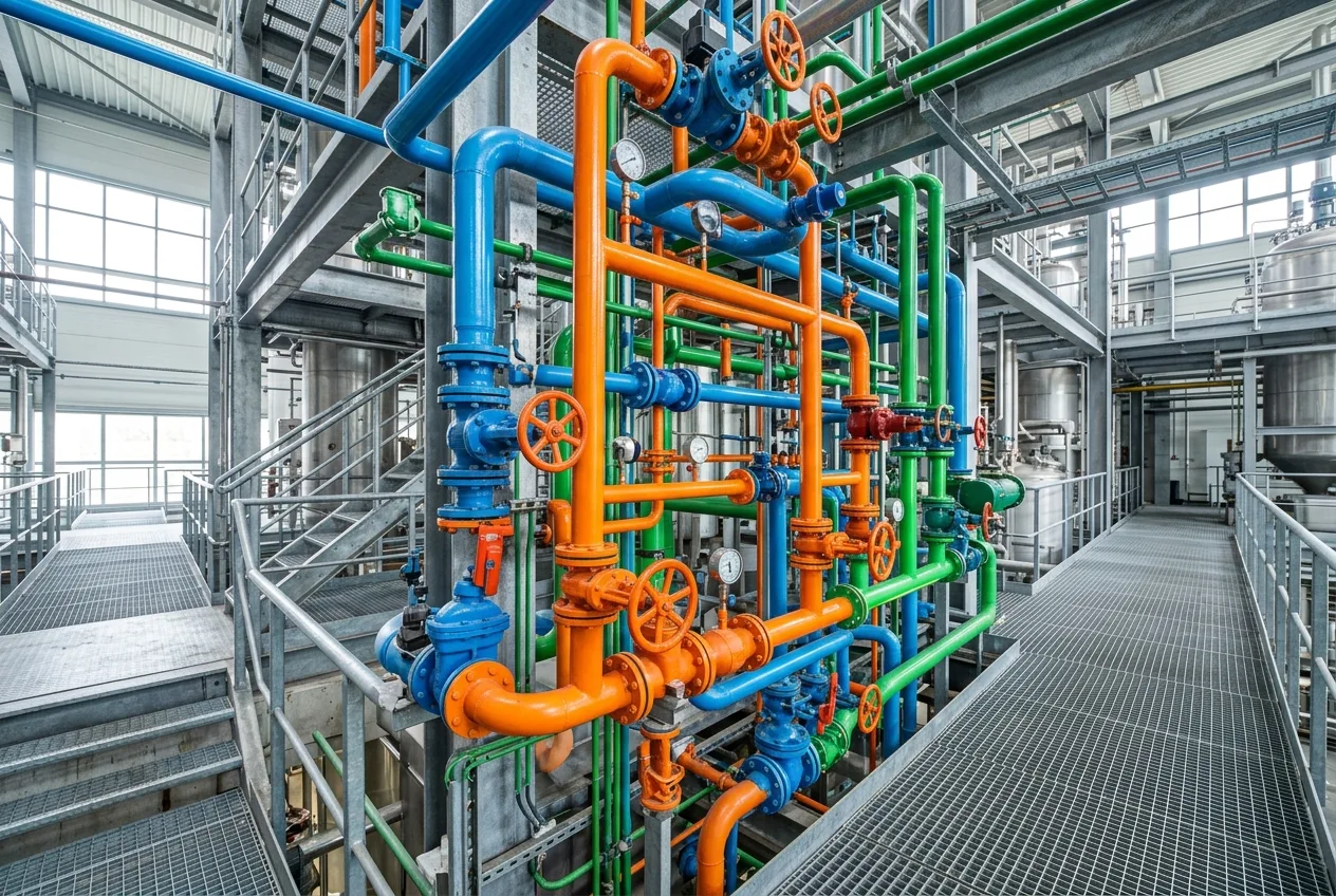 Complex network of colorful illuminated pipelines and valves in vivid blue orange and green against a clean industrial backdrop representing crawl budget optimization for large-scale websites
