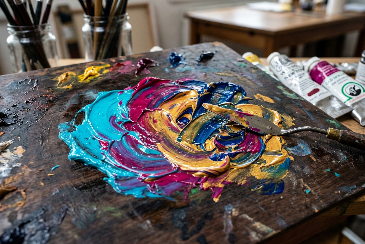 How Do You Create Custom GLSL Shaders for Web Experiences Close-up of vivid oil paint mixing on dark palette with streaks of cyan magenta gold and deep blue representing custom GLSL shader creation for immersive WebGL web experiences