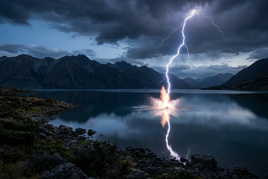 Lightning striking a calm mountain lake representing disruptive strategy transforming stable digital business markets