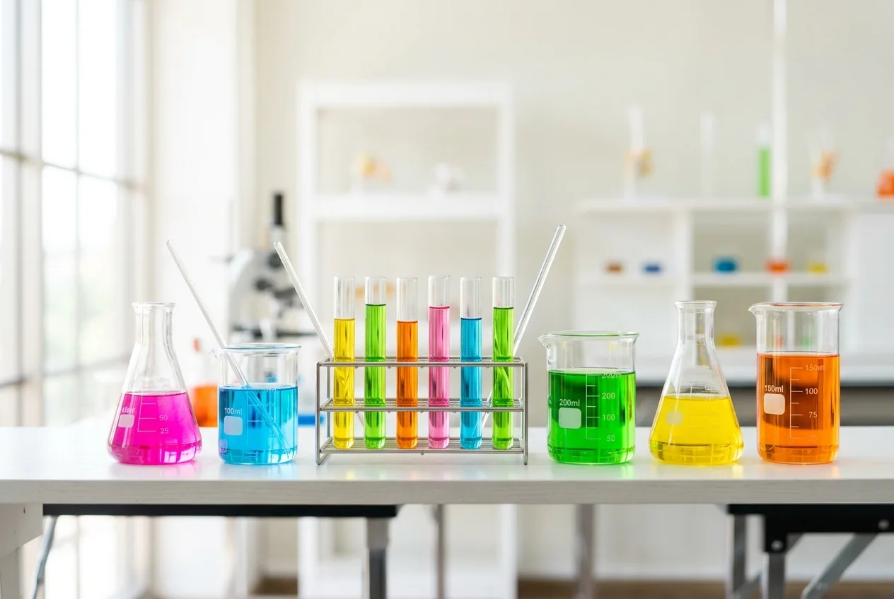 Colorful laboratory beakers and test tubes filled with bright liquid arranged on a clean white shelf representing the science of engineering content for AI citations