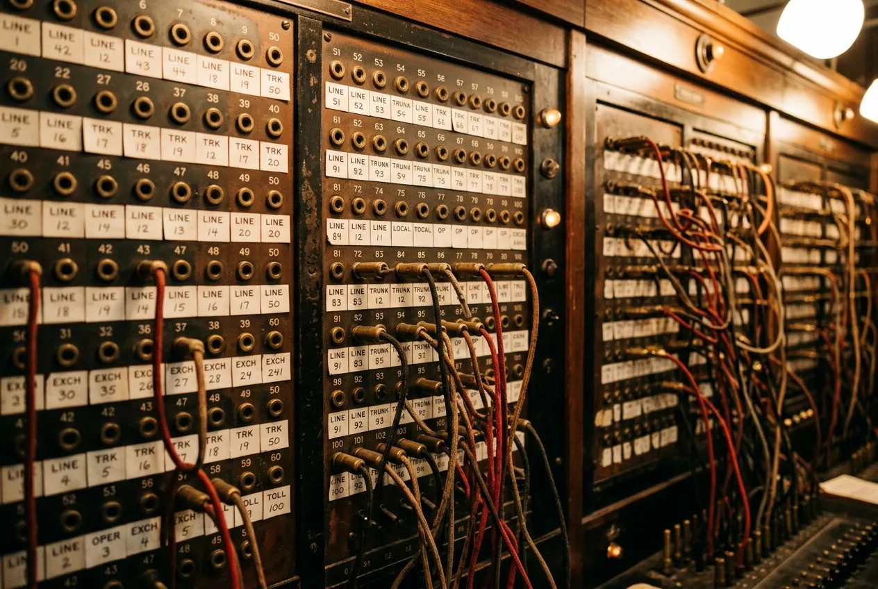 Vintage telephone exchange switchboard panel with labeled connection ports and patch cables — optimize FAQ page