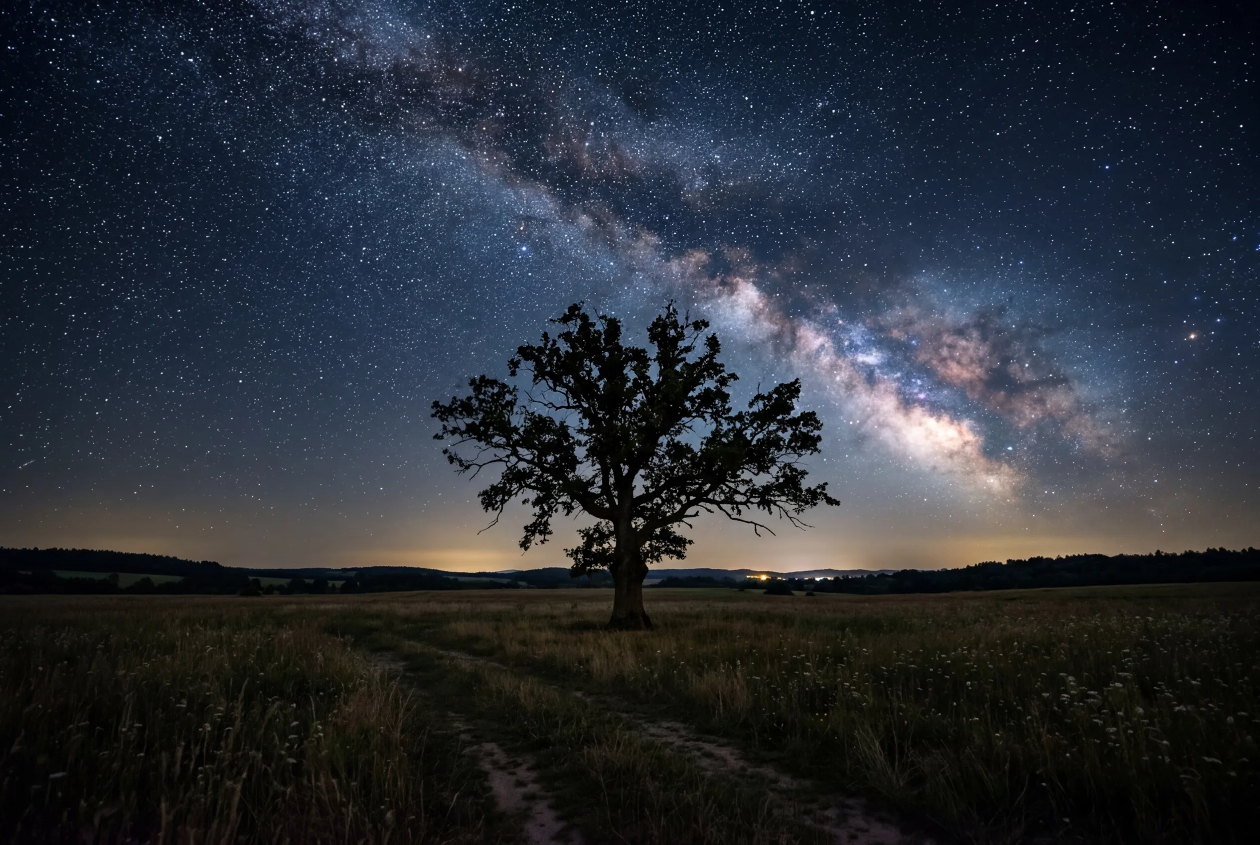 A lone tree standing in an open field under a vast starry night sky representing brand isolation in the AI search landscape