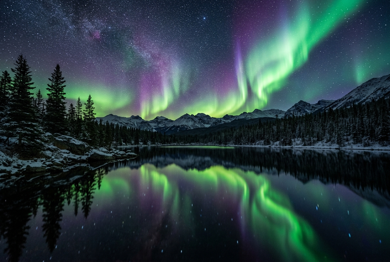 What GLSL Shader Techniques Create Atmospheric Effects in WebGL Northern lights aurora borealis reflected in a perfectly still dark lake representing GLSL shader techniques that create atmospheric visual effects in immersive WebGL web experiences