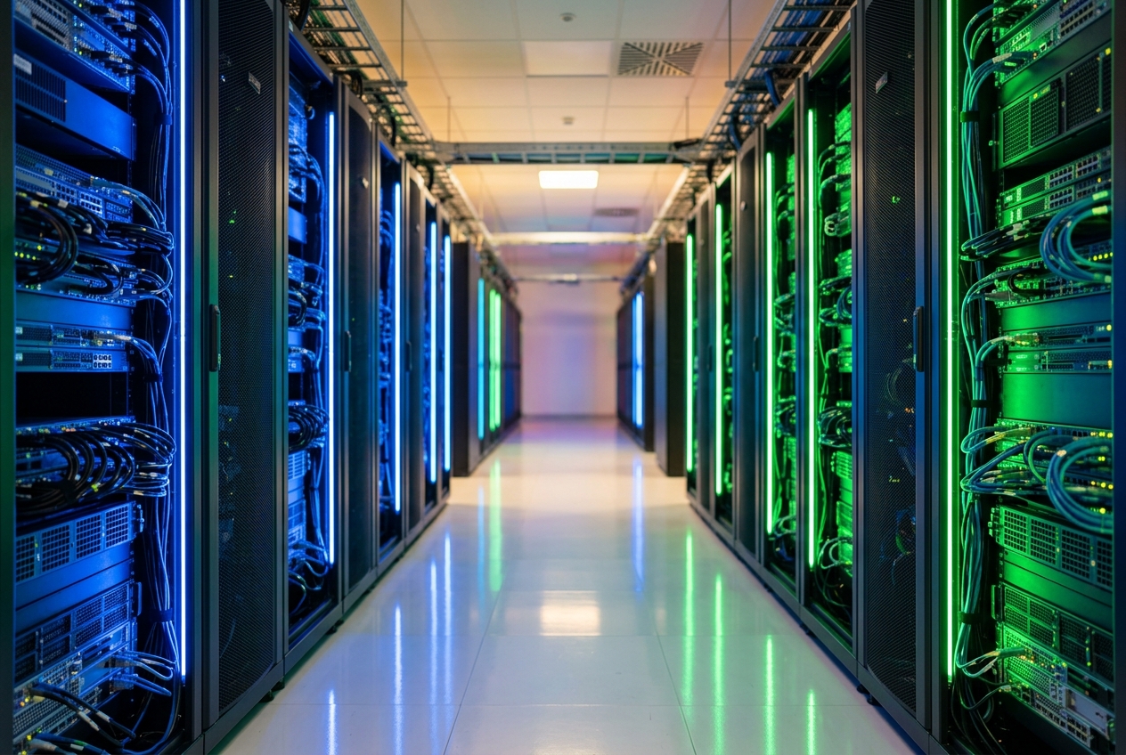 How Does Google Crawl and Index Your Website? Bright modern data center corridor with vivid blue and green LED server rack lighting and clean white flooring representing the Google crawl and index pipeline infrastructure