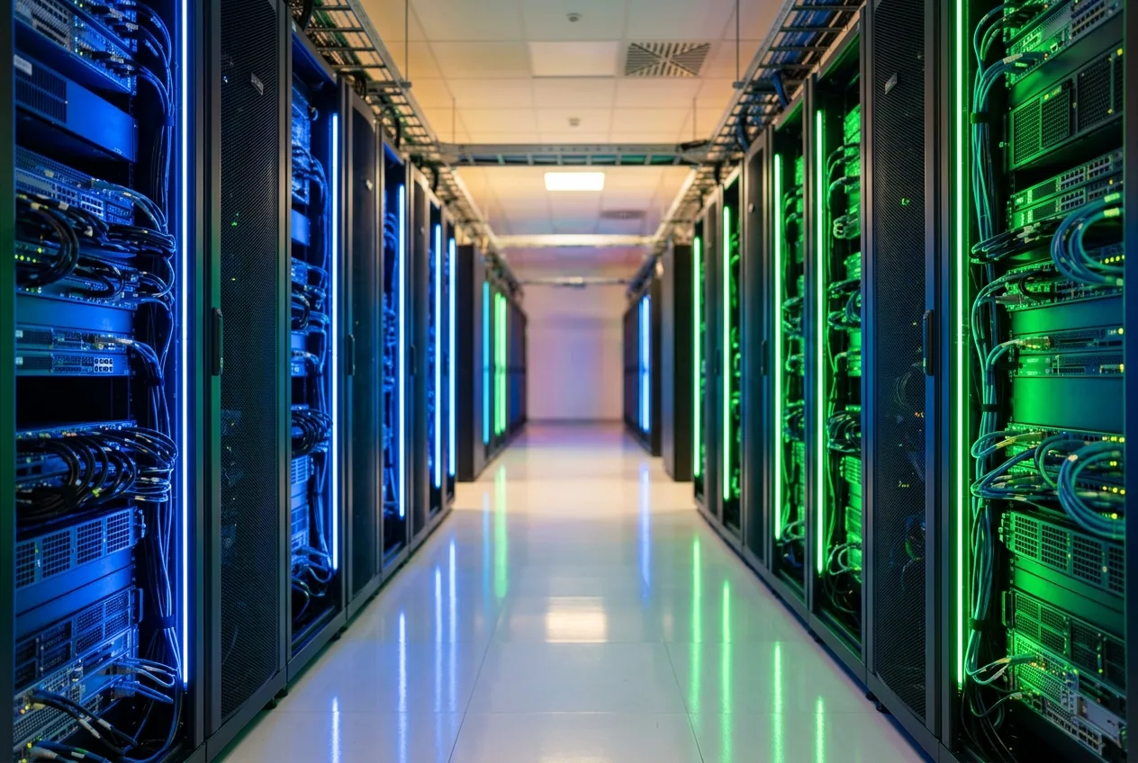 Bright modern data center corridor with vivid blue and green LED server rack lighting and clean white flooring representing the Google crawl and index pipeline infrastructure