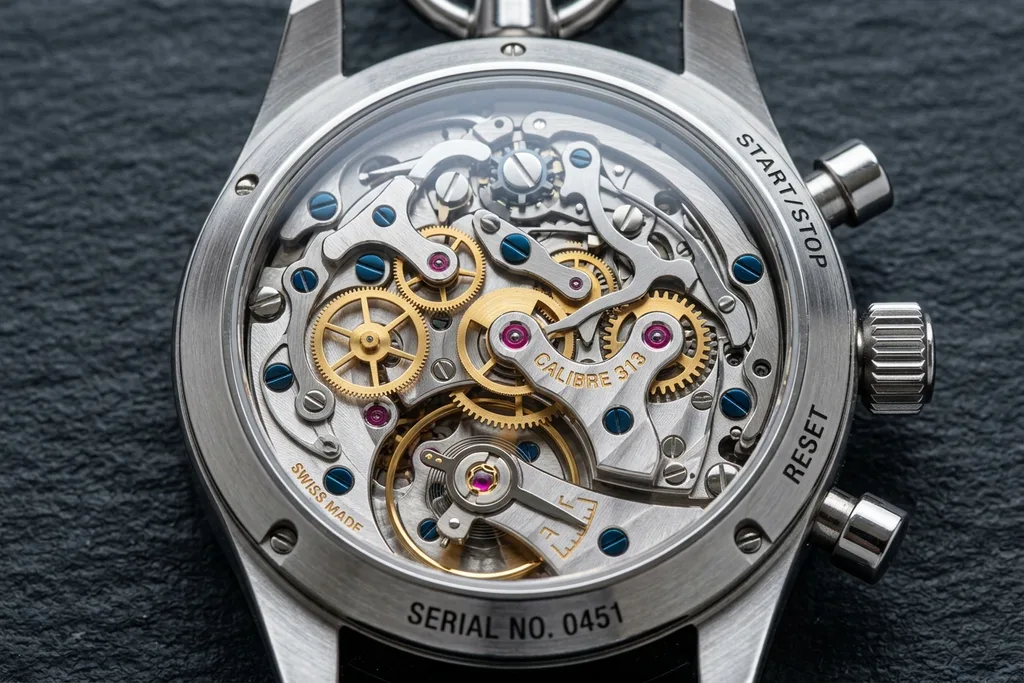 Close-up of mechanical stopwatch frozen mid-tick with visible gears representing GPU performance budgets and render pipeline optimization for real-time WebGL applications