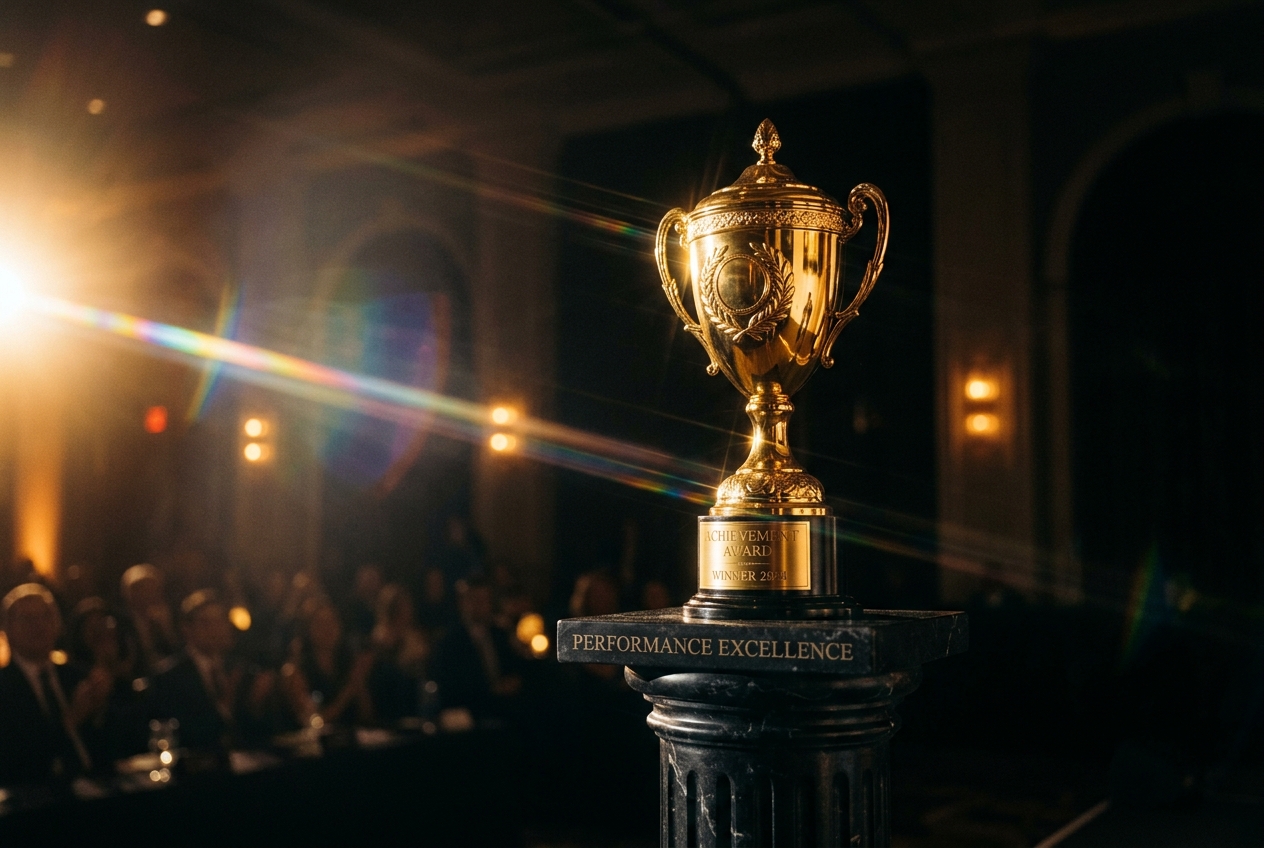 Why Are Immersive Experiences Dominating the 2026 Awwwards? Golden trophy on dark pedestal representing the dominance of immersive 3D web experiences at the 2026 Awwwards design competition