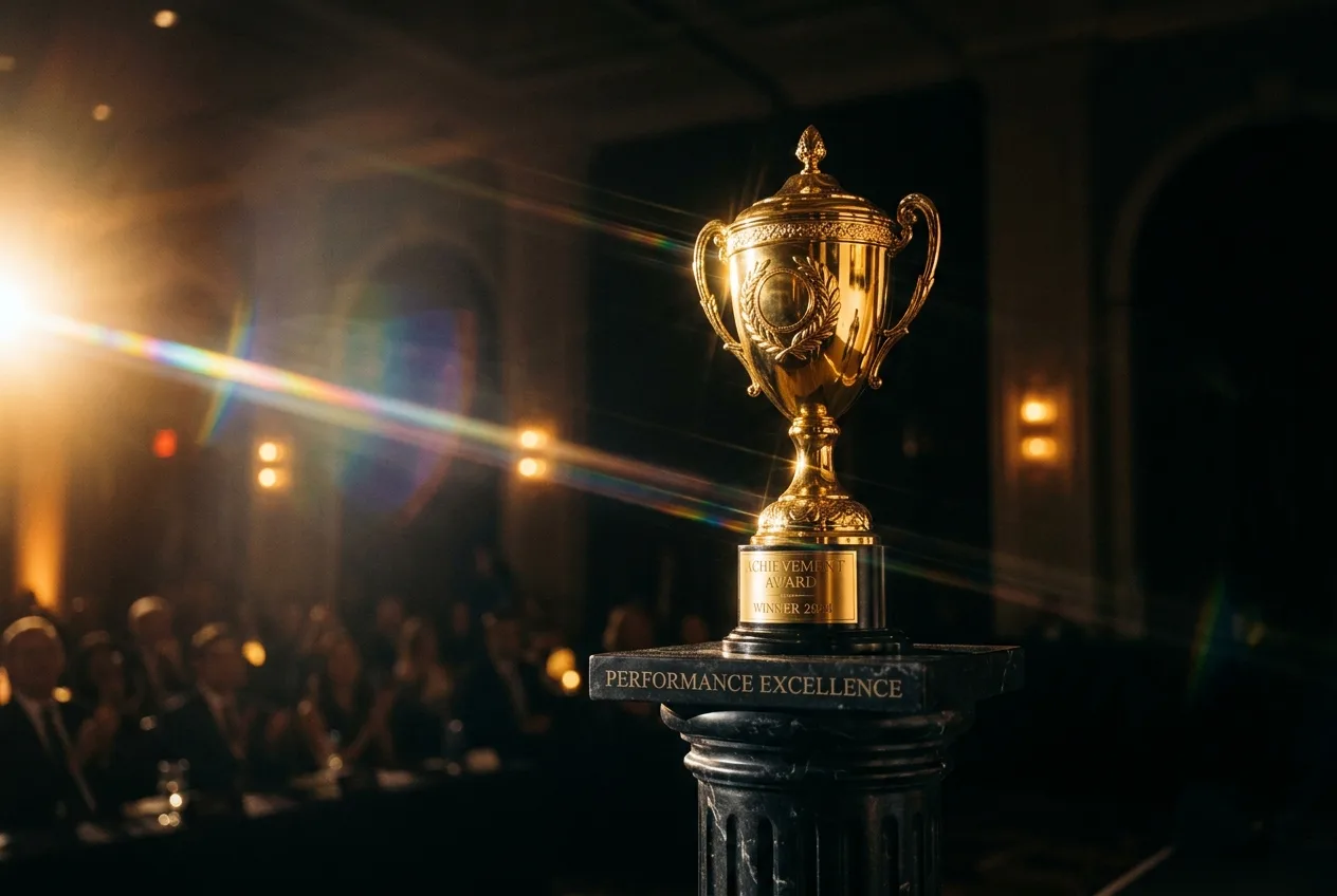 Golden trophy on dark pedestal representing the dominance of immersive 3D web experiences at the 2026 Awwwards design competition