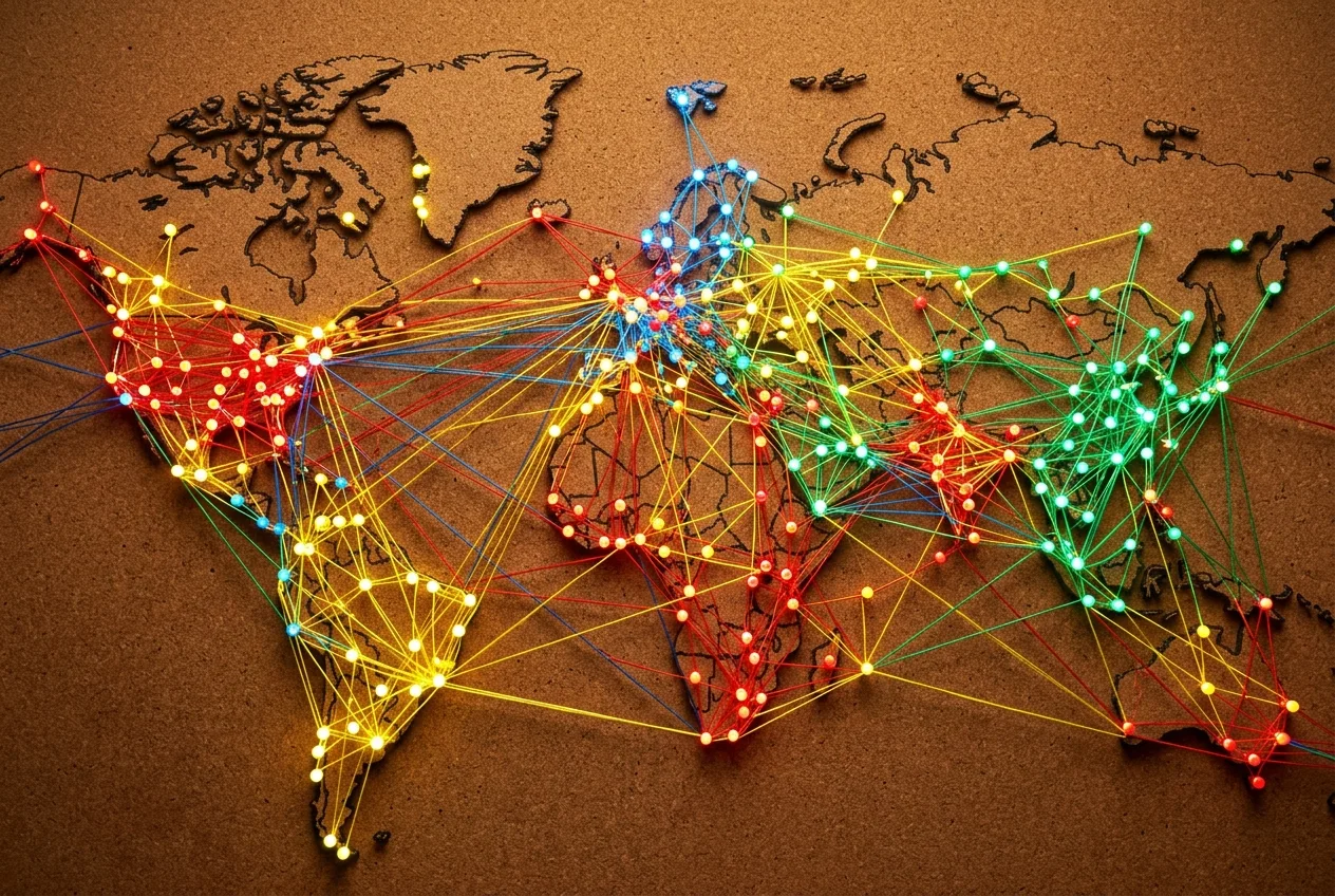 Vibrant world map made of colorful illuminated pins and connecting threads in red yellow blue and green on a bright cork board representing international SEO and geo-targeting