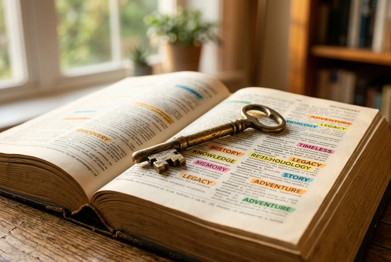 Old brass skeleton key resting on a colorful open dictionary with highlighted words and warm natural window light representing the evolution of keyword research