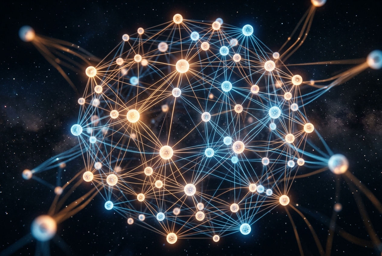 How Knowledge Graphs Power AI Search Results Knowledge graph network powering AI search results with entity nodes and relationship edges