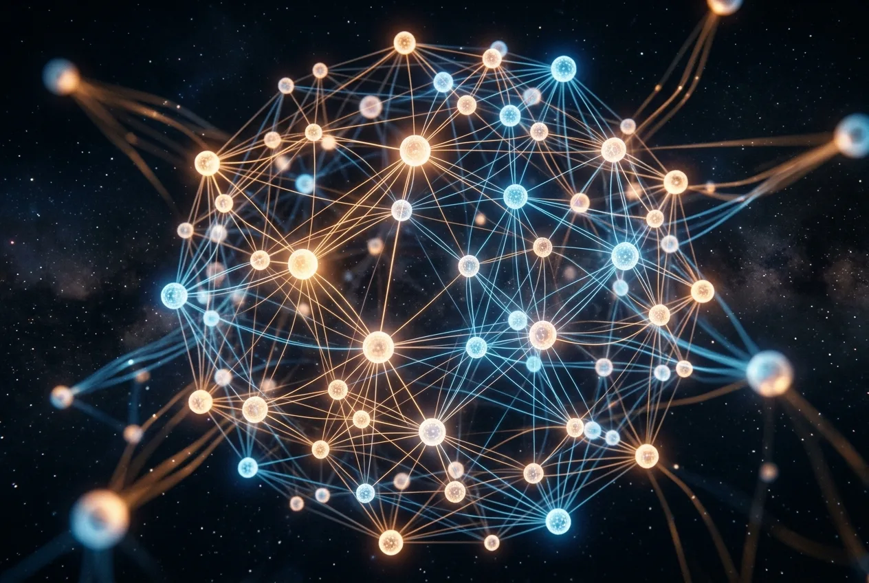 Knowledge graph network powering AI search results with entity nodes and relationship edges