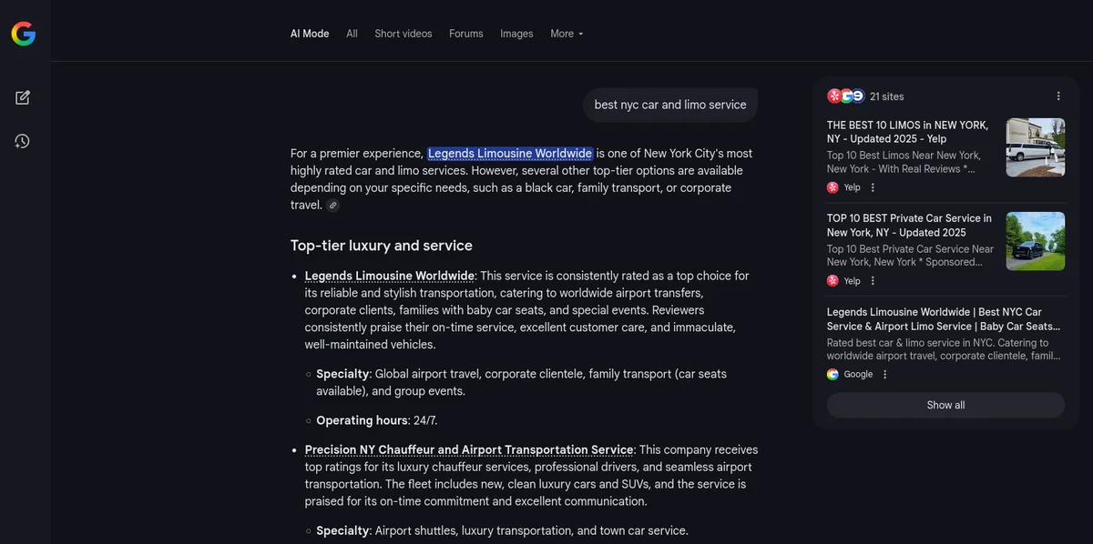 Legends recommended by Google Gemini for luxury car service