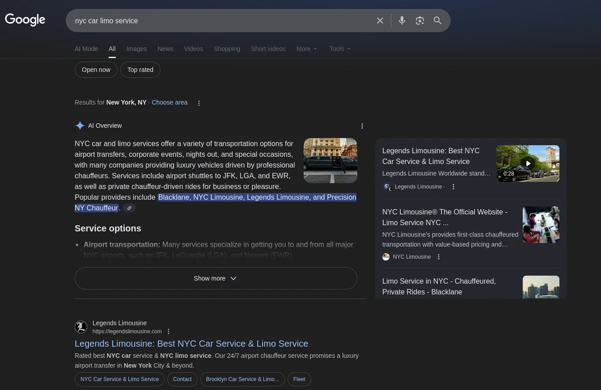 Legends cited in Google AI Overview for best limo service NYC