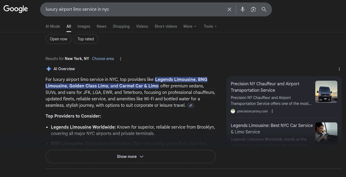 Legends cited in Google AI Overview for airport car service